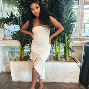 White A-Line Knit Asymmetrical Ruffle Dress